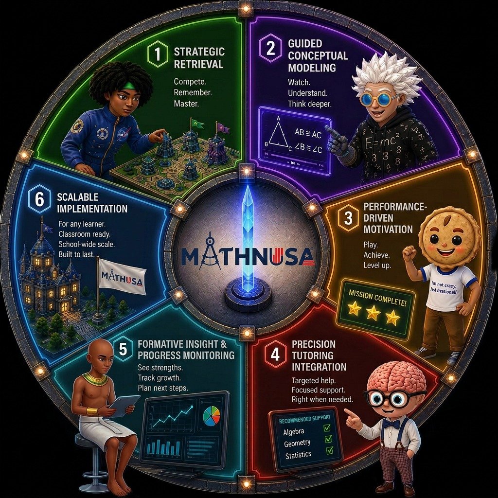 Mathnusa instructional framework: Strategic Retrieval, Guided Conceptual Modeling, Performance-Driven Motivation, Precision Tutoring, Formative Insight, and Scalable Implementation